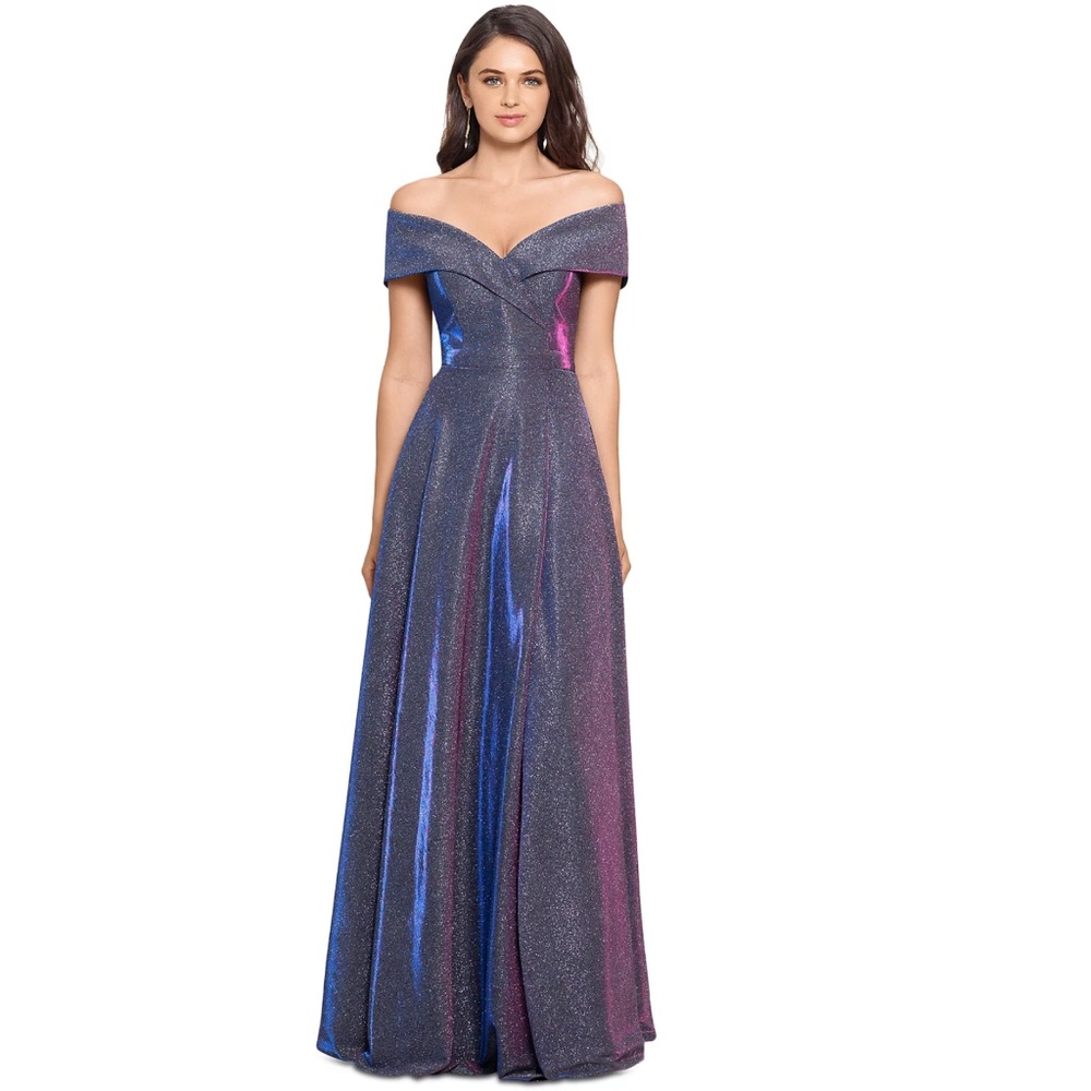 XSCAPE: Off The Shoulder Long Glitter Knit Dress in Gunmetal (NWT)